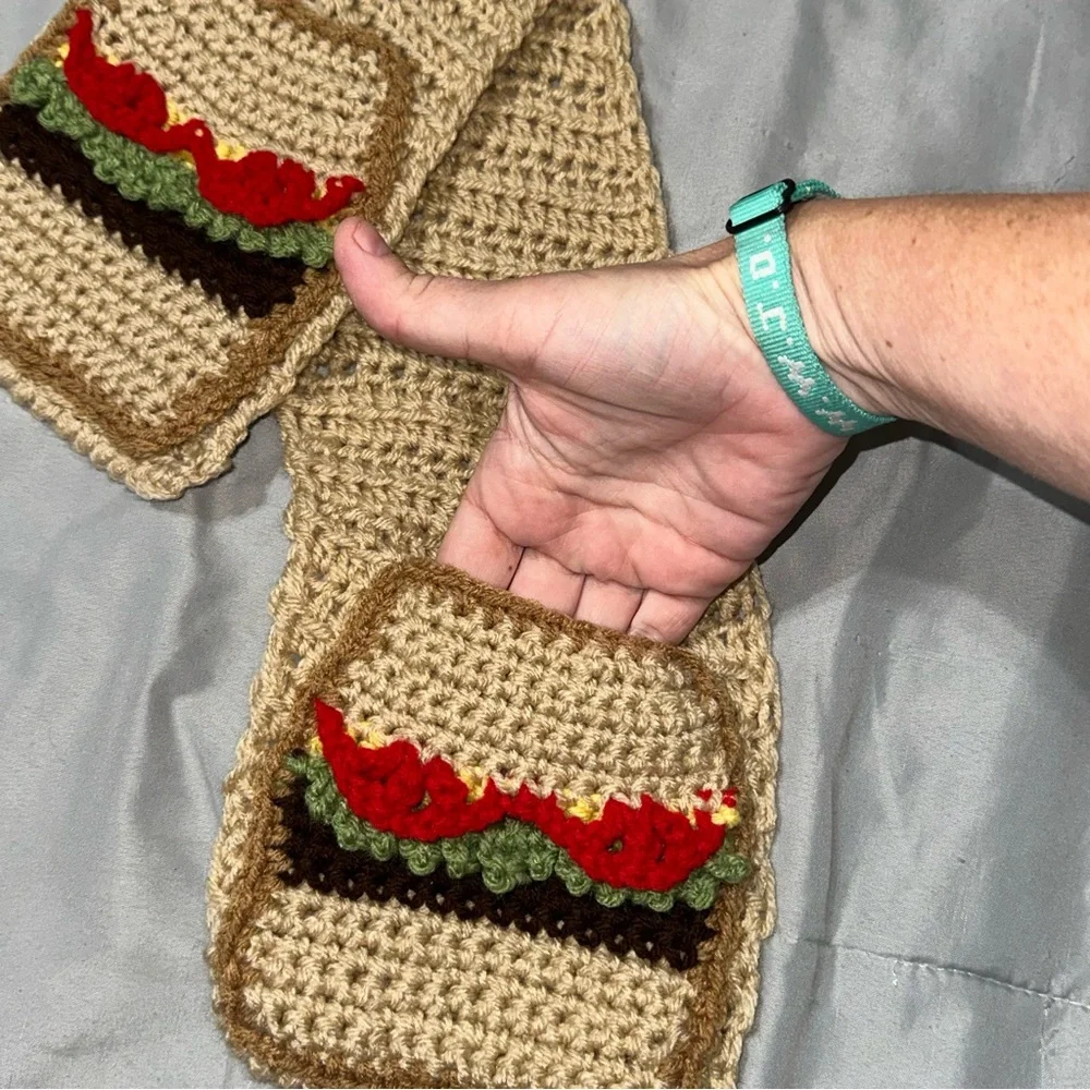Handmade Crochet Cheeseburger Scarf Burger Pockets Unique Funny Novelty Gift